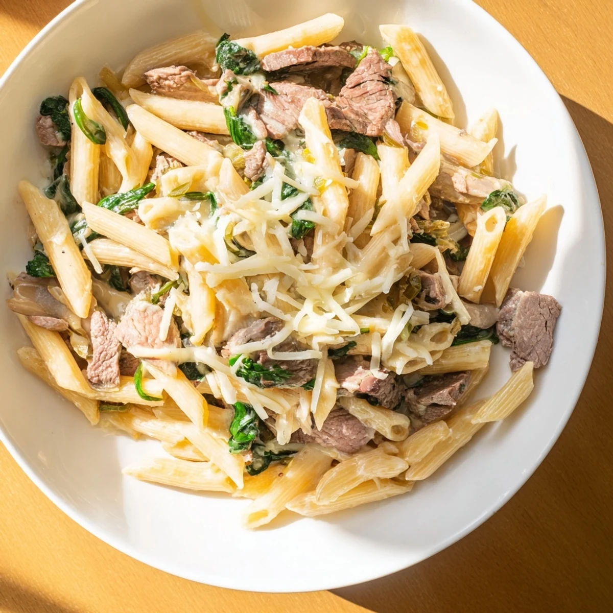 This delicious Steak & Spinach Artichoke Pasta Bake shows a creamy pasta casserole, ready to serve with a rich aroma.