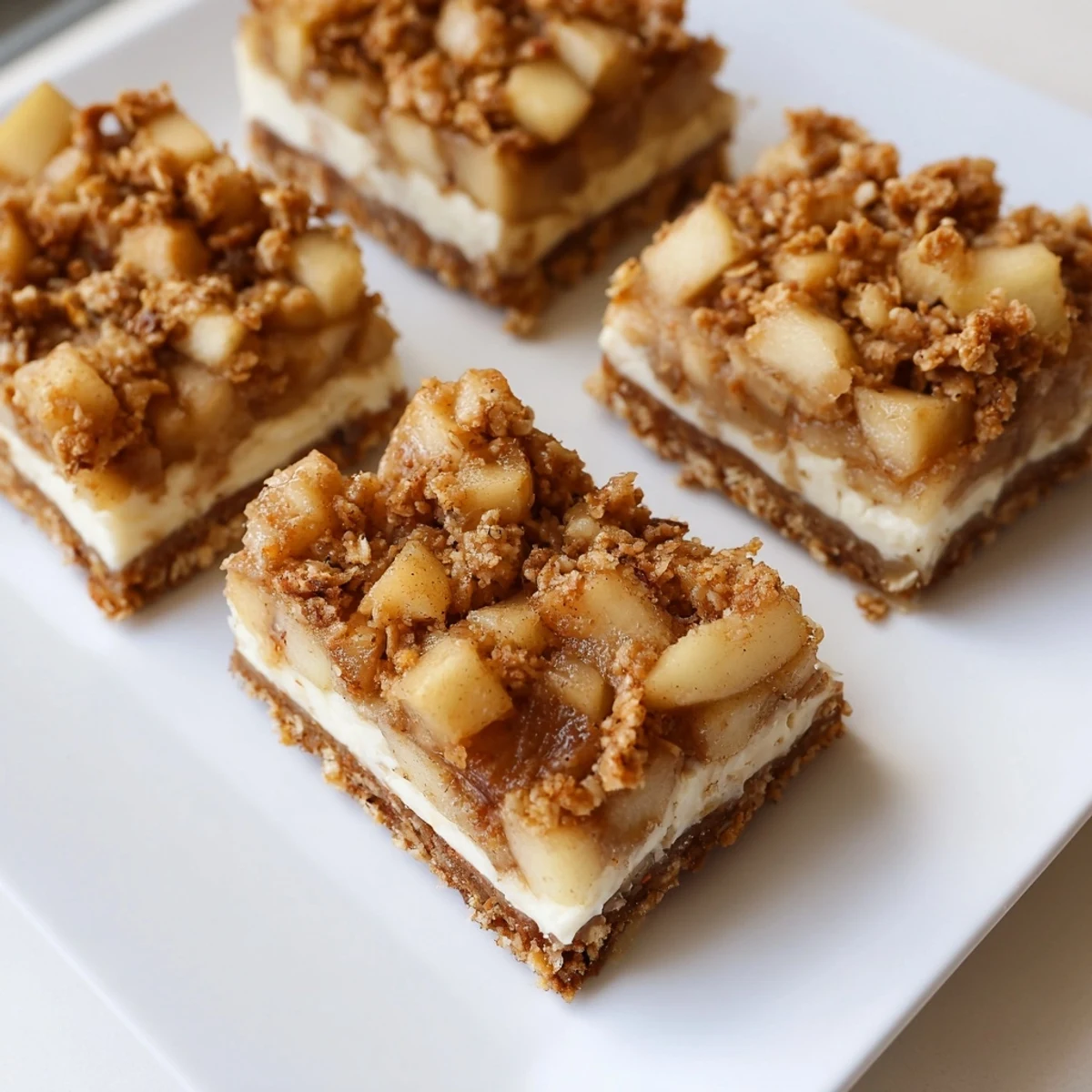 Golden-brown Apple Crisp Cheesecake Bars, a layered dessert with a crisp oat topping.