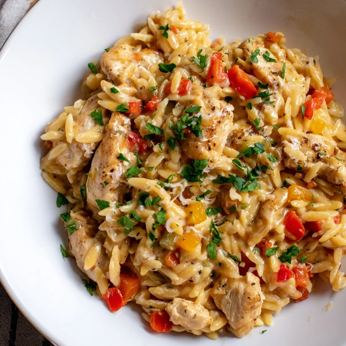 One-Pot Cajun Chicken Alfredo Orzo, a creamy, flavorful dish with tender chicken and pasta.