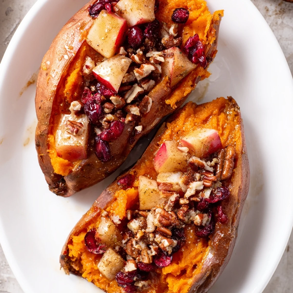 Warm, spiced Cranberry Apple Twice-Baked Sweet Potatoes ready to eat, a perfect vegetarian American dish.