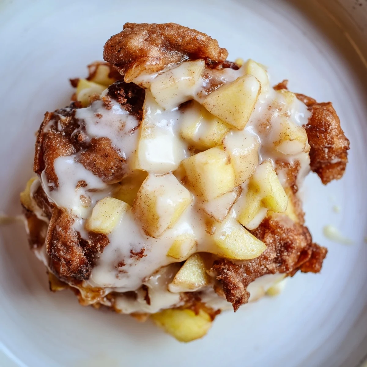 Freshly fried apple fritters, featuring tender apple chunks, ready to be drizzled with sugary glaze.