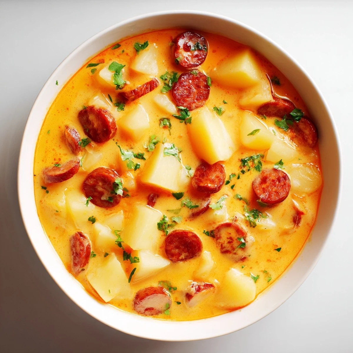 A close-up of the Creamy Chorizo Potato Soup, garnished with fresh parsley, ready to eat.