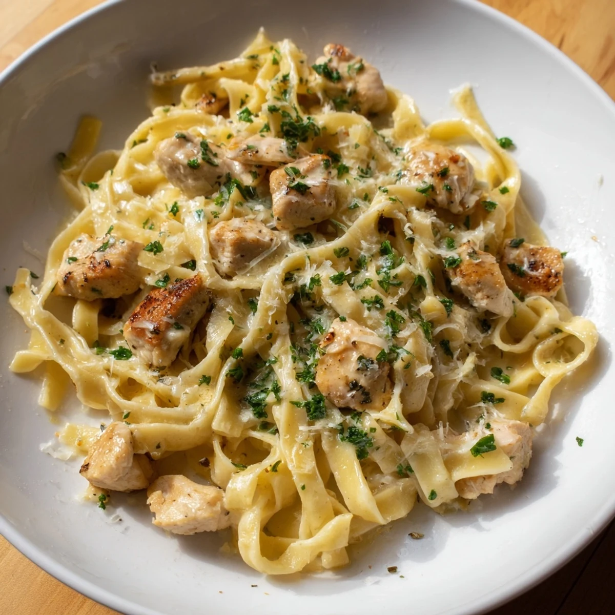 Savory Cowboy Butter Chicken Pasta, with creamy sauce coating perfectly cooked fettuccine and chicken.