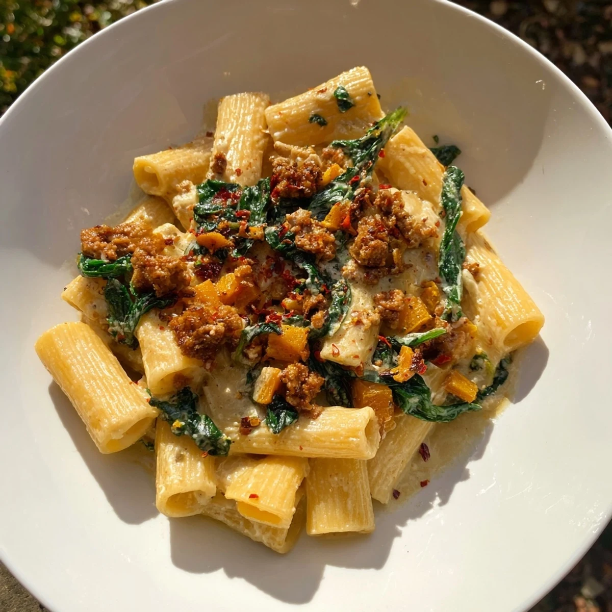 A close-up of Creamy Rigatoni with Butternut Squash showing tender squash and rich sauce coating the pasta.