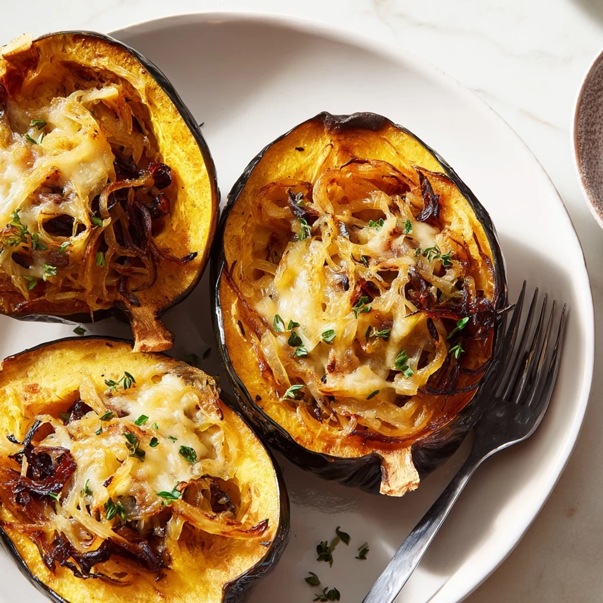 Golden, bubbly Caramelized Onion Gruyere Acorn Squash, a vegetarian delight ready to serve.
