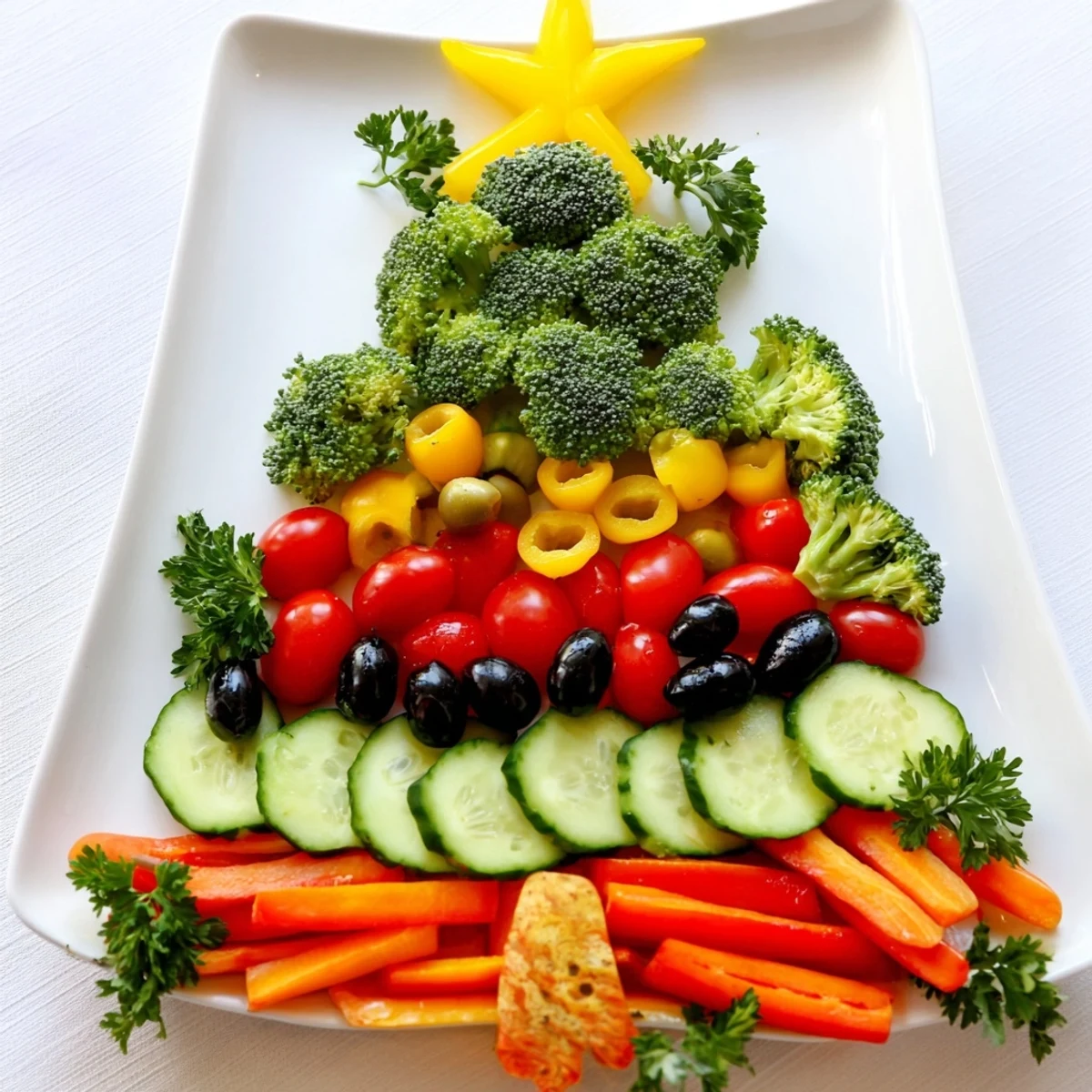 Bright red and green of the Healthy Christmas Veggie Platter Tree showcase a visually stunning vegetarian snack.
