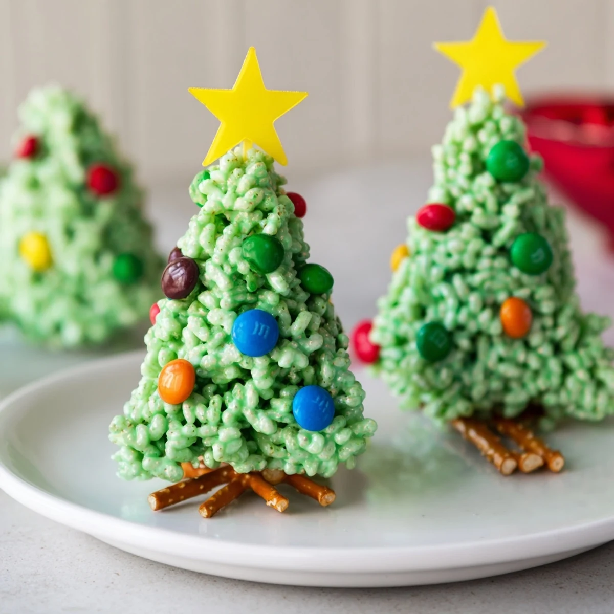 Deliciously shaped Christmas Tree Rice Crispy Treats, a sweet treat ready for decorating with sprinkles and star candies.