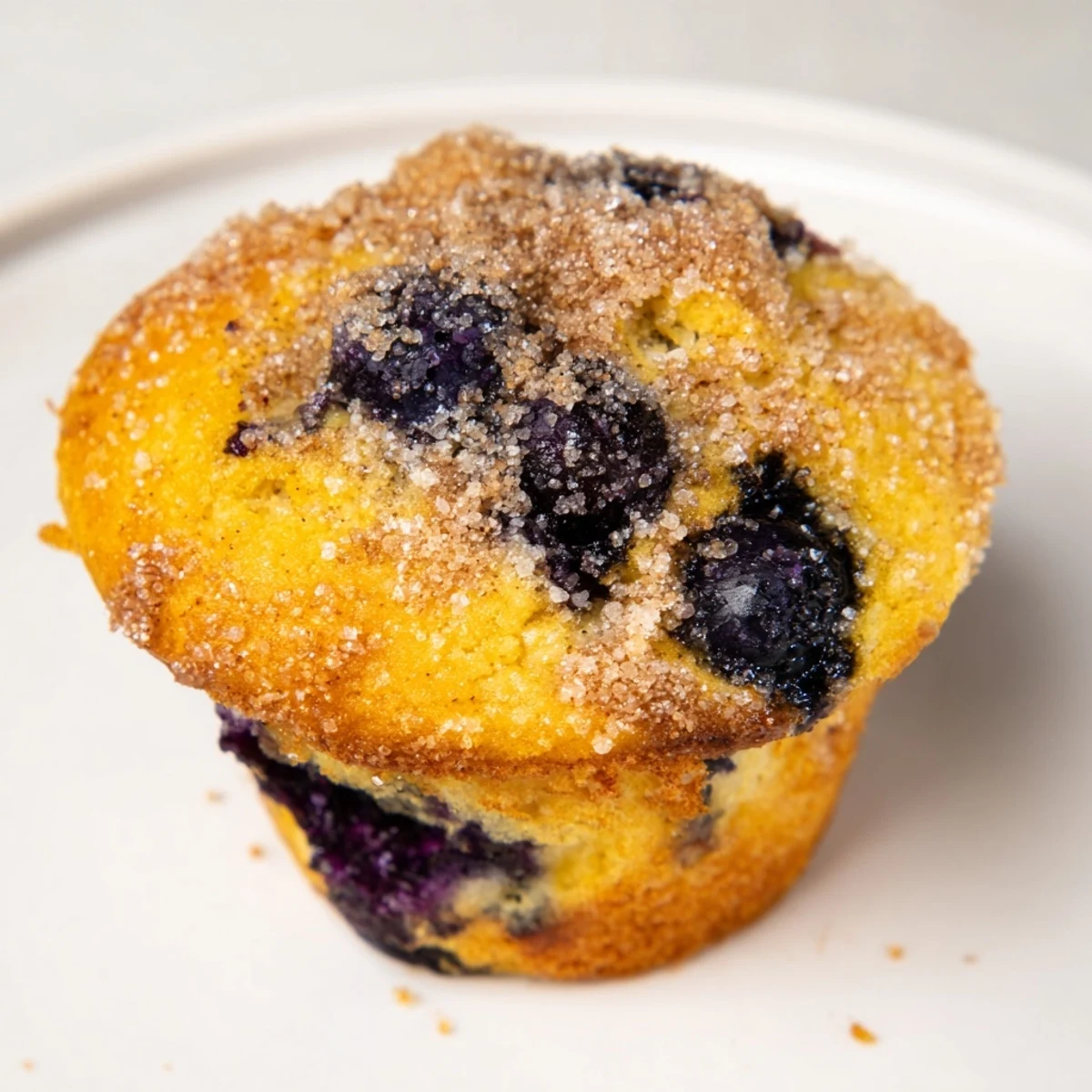 Freshly baked Budget Christmas Blueberry Muffins with a sweet cinnamon sugar topping, ready to eat.