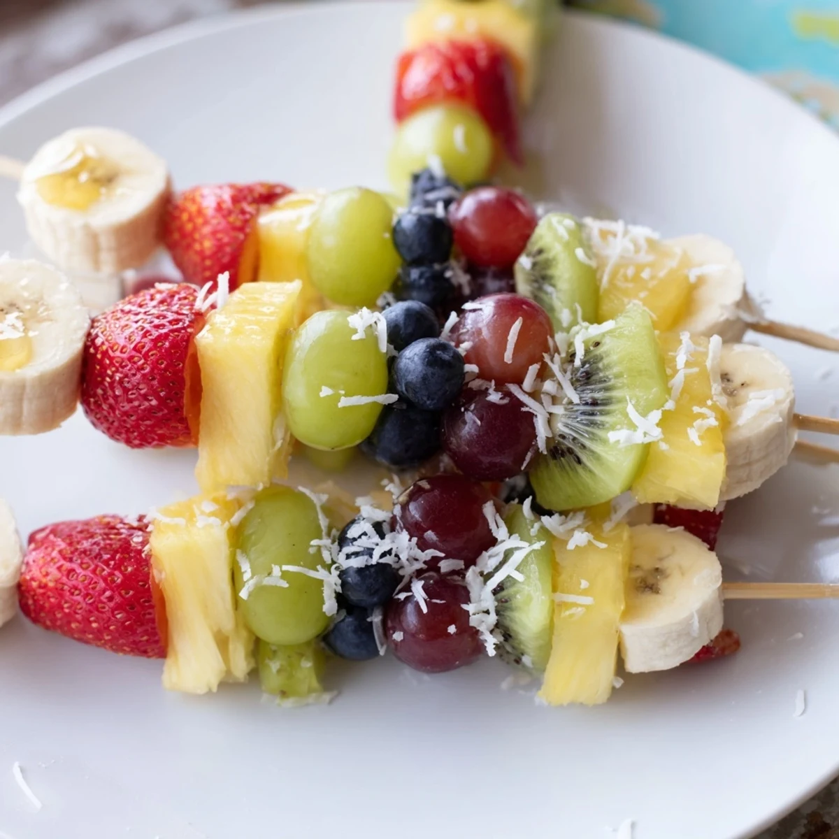 Close-up of easy festive fruit kabobs, boasting fresh, vibrant colors, ready to be enjoyed.