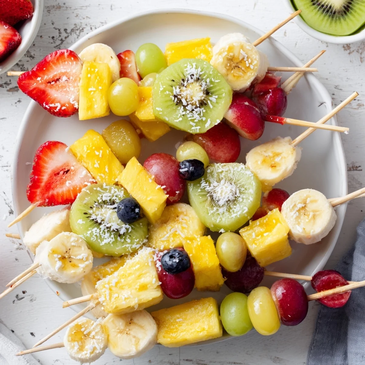 Vibrant, colorful Easy Festive Fruit Kabobs, perfect for a picnic, glistening with a light honey drizzle.