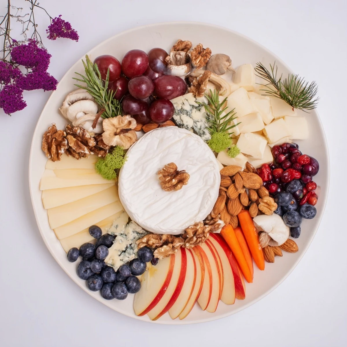 Enjoy this stunning Woodland Creature Cheese Platter, artistically arranged with fresh rosemary and edible flowers.