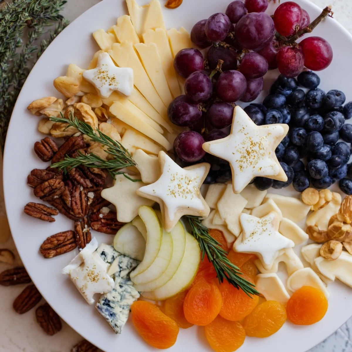 Beautiful Moon & Stars Night Board brimming with cheeses, fruits, and star-shaped crackers, ready to enjoy.