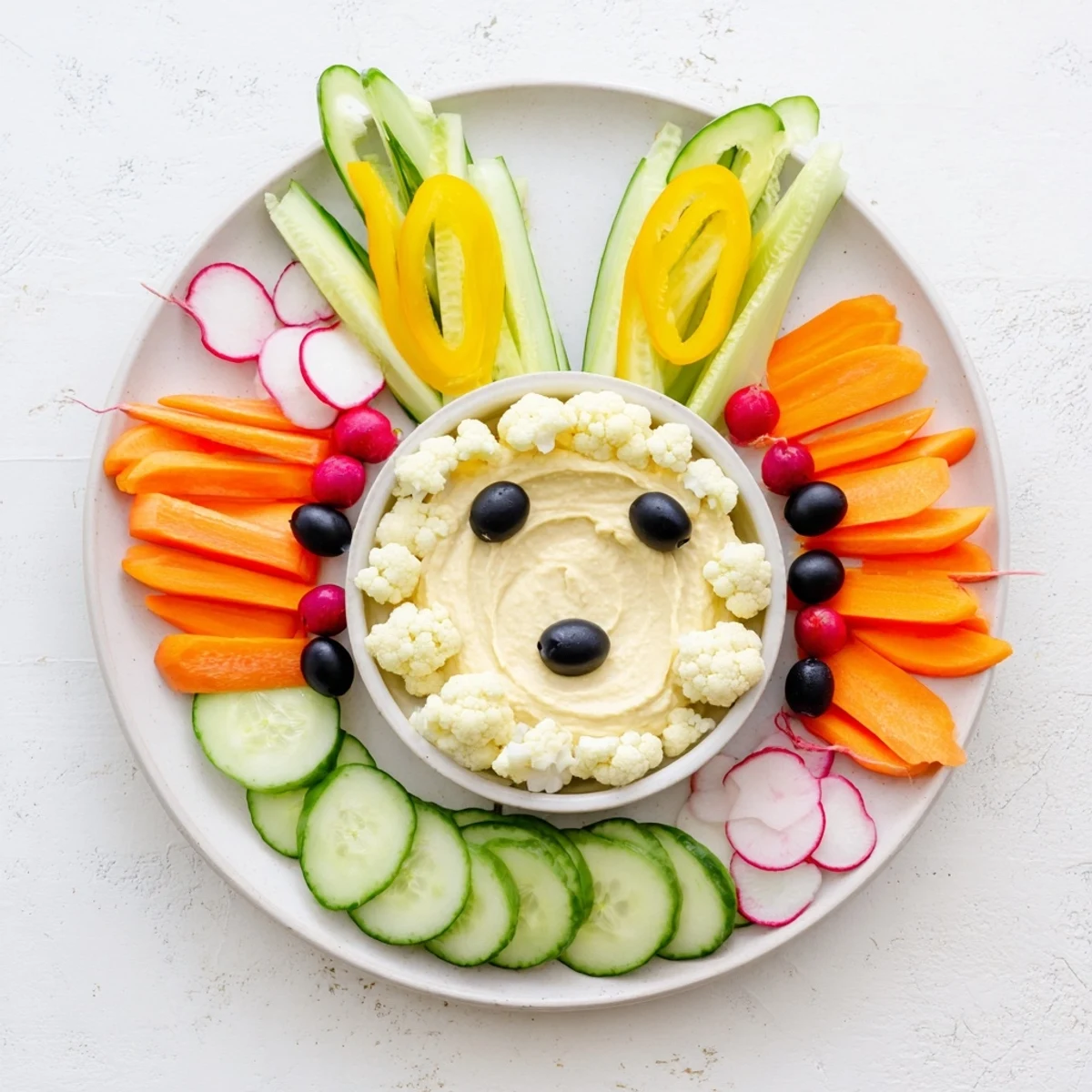 Bunny Meadow Veggie Board: Vibrant veggie platter with a whimsical bunny design, perfect for springtime snacking and entertaining.