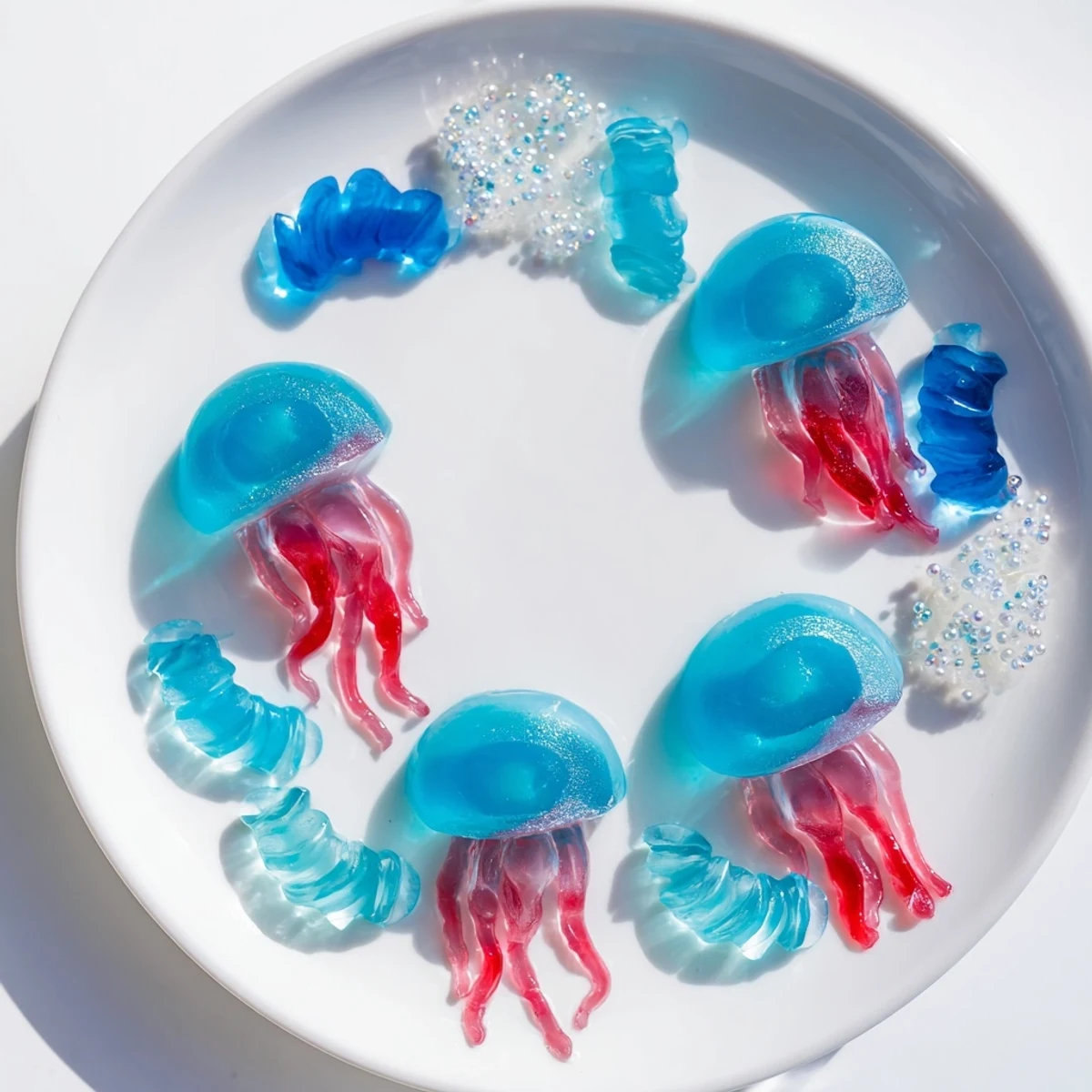 A vibrant Jellyfish Candy Platter showcasing colorful gummies, candies, and edible pearls for a party.