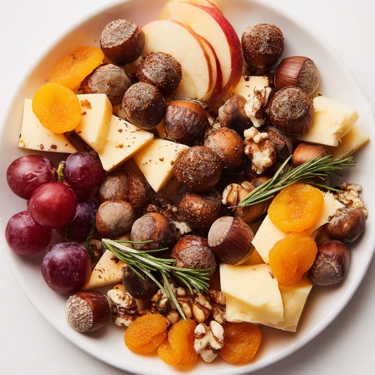 Squirrels Acorn Hoard Platter: a beautifully arranged appetizer platter with fragrant roasted acorns and fall fruits.