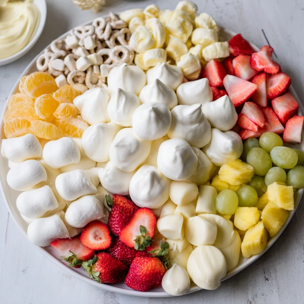 Cloud & Rainbow Grazing Board with colorful fruits, cheeses, crackers, and sweet candies beautifully arranged.