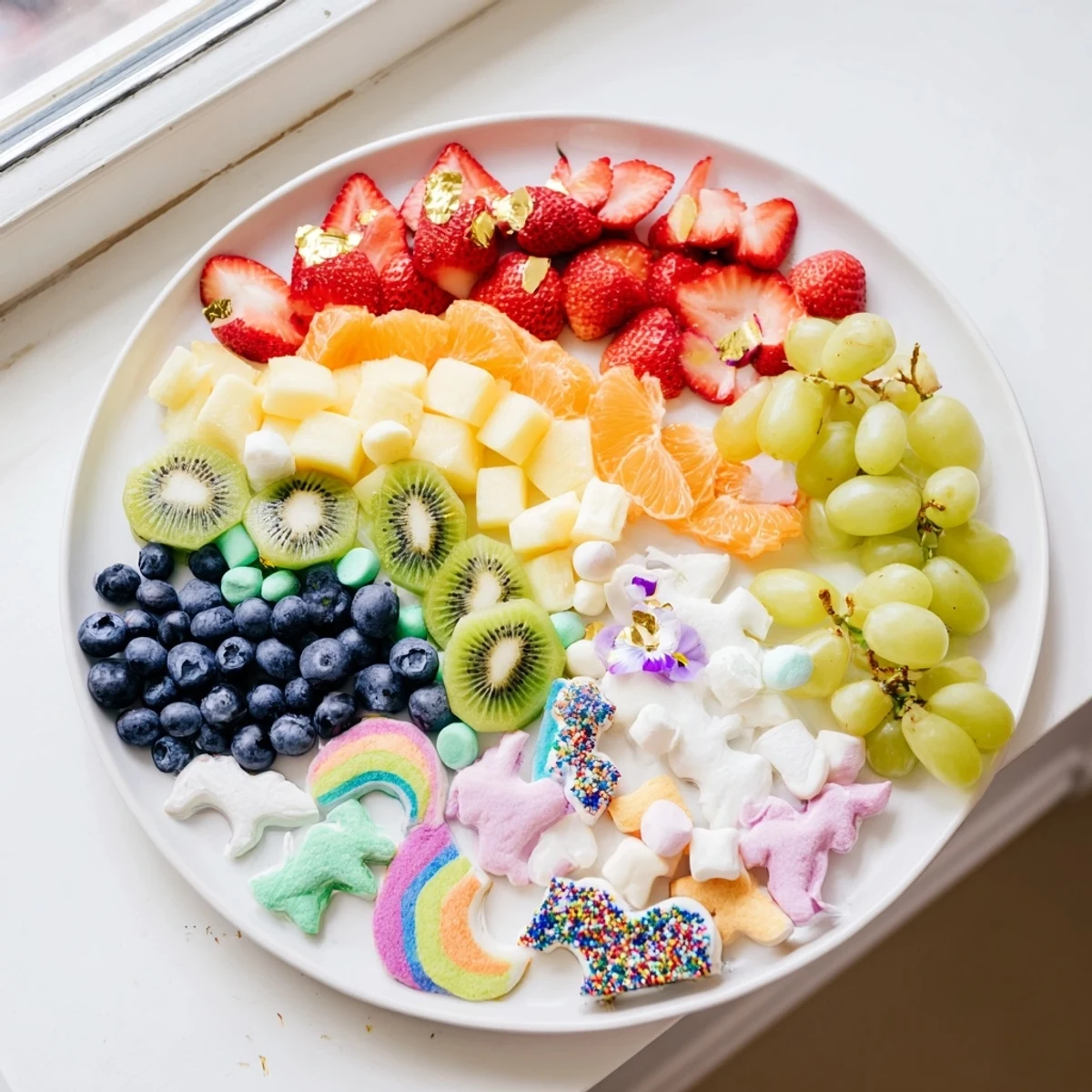Imagine a Magical Unicorn Rainbow Dessert Board, a stunning array of fresh fruit and treats, ready to eat!