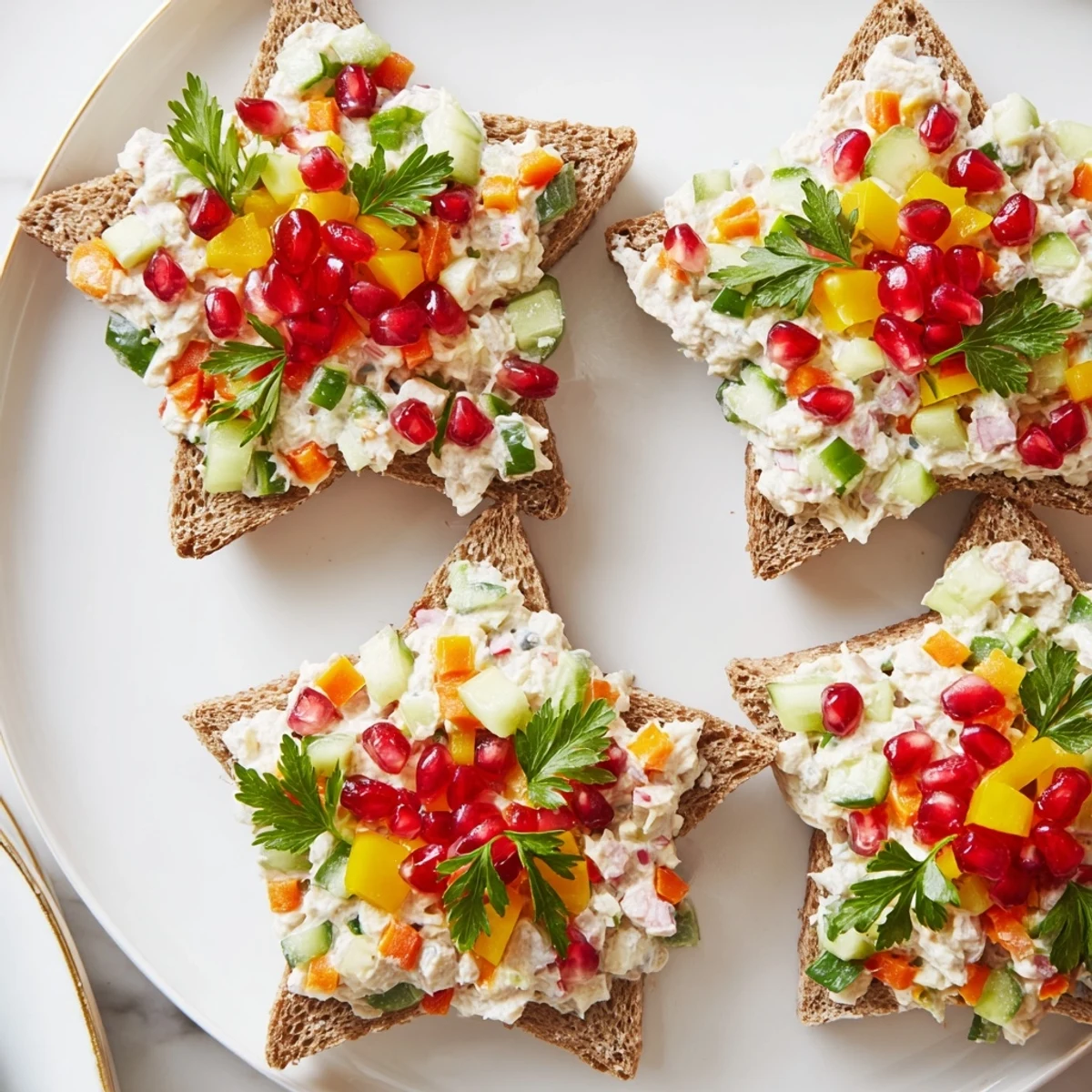 Festive Crown Jewels Star-Shaped Sandwiches, featuring vibrant star shapes filled with creamy cheese and fresh veggies.