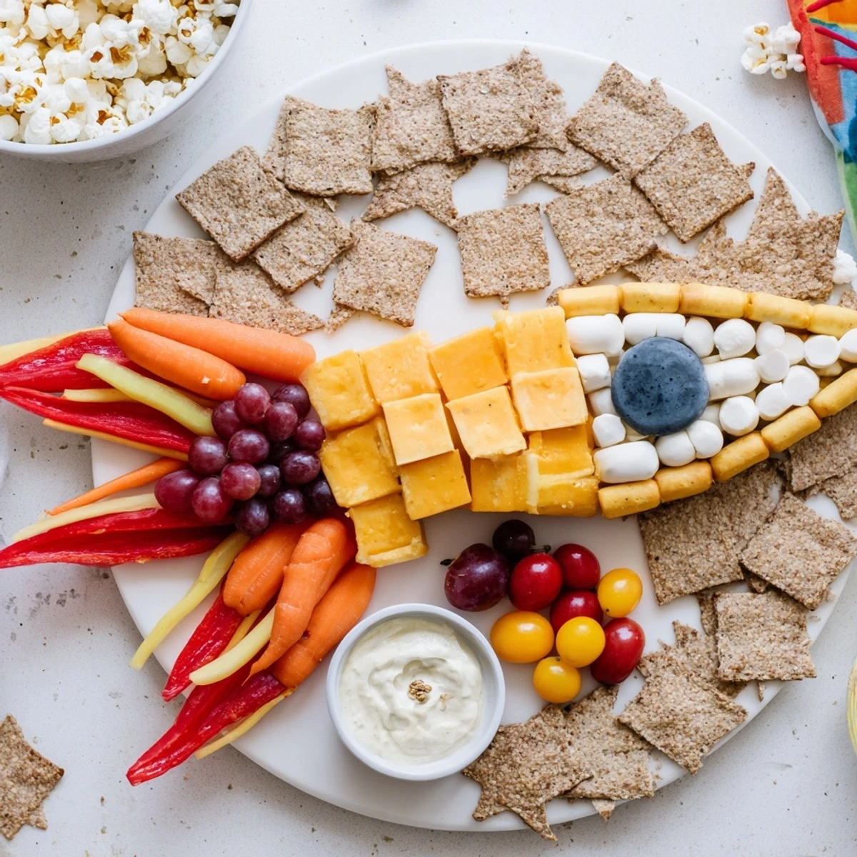 Blast Off Spaceship Snack Board with colorful fruits, veggies, cheese, and dips, perfect snack!