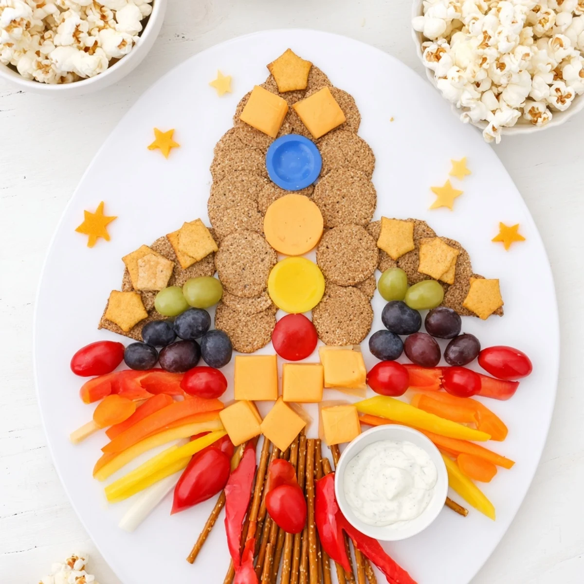 Vibrant spread: the Blast Off Spaceship Snack Board bursts with grapes, carrots, and cheese cubes.