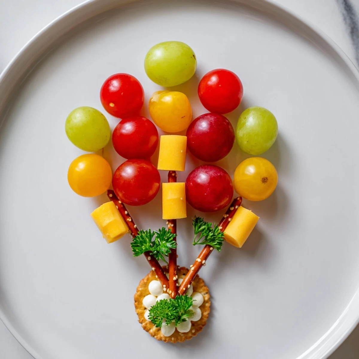 Vibrant Up, Up, & Away Hot Air Balloon Snacks, featuring colorful cherry tomatoes and cheese cubes on pretzel sticks.