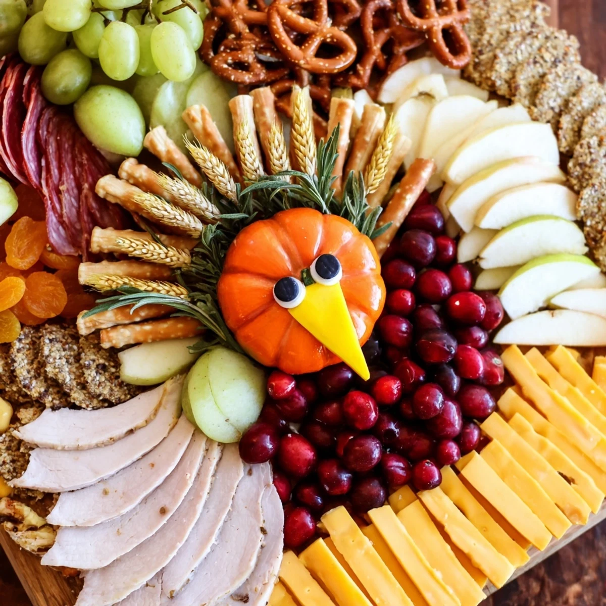 Thanksgiving Wheat Field Turkey Board charcuterie, overflowing with cheese, fruits, and meats, ready to share.