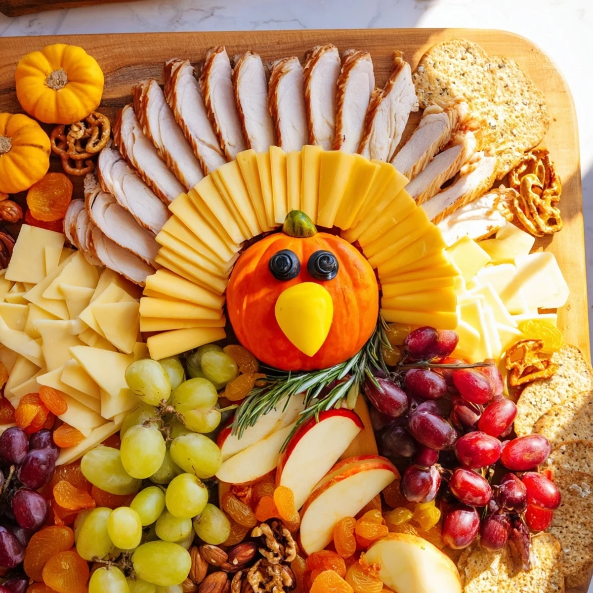 A beautiful overhead shot shows the festive Wheat Field Thanksgiving Turkey Board with a colorful arrangement.
