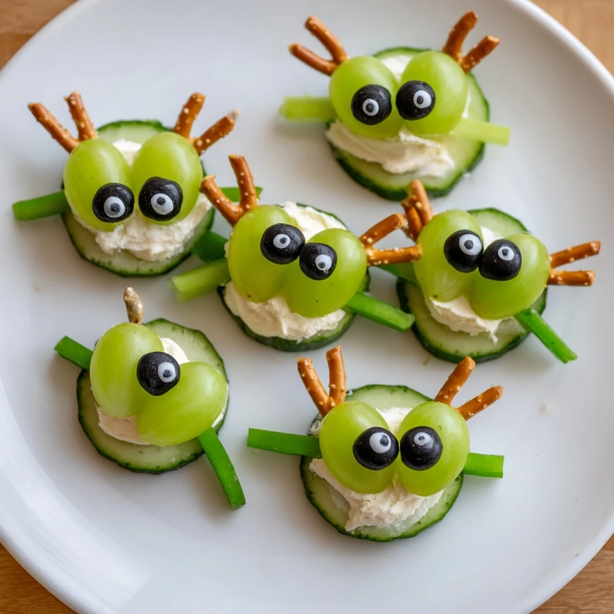 Little Green Men Alien Snack Attack with cucumber faces, grapes, and pretzel antennae—fun party food.