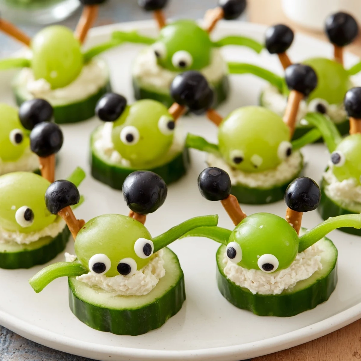 Vibrant Little Green Men Alien Snack Attack platter, showcasing playful alien faces made from fresh ingredients.