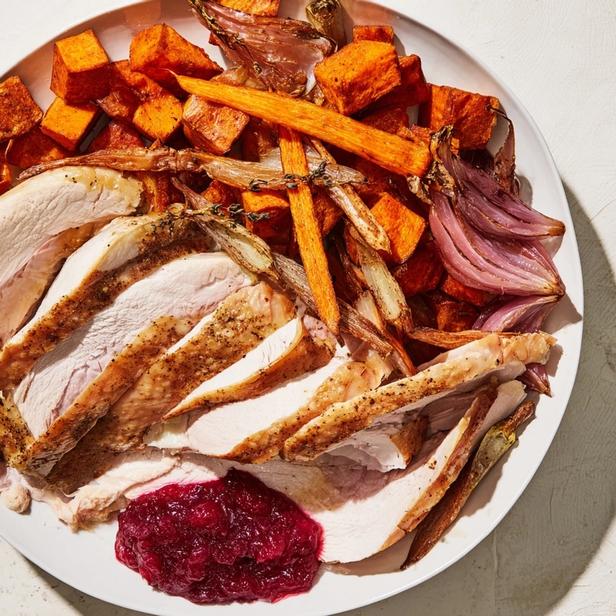 A Harvest Turkey Platter featuring juicy, roasted turkey breast beside colorful autumn vegetables.