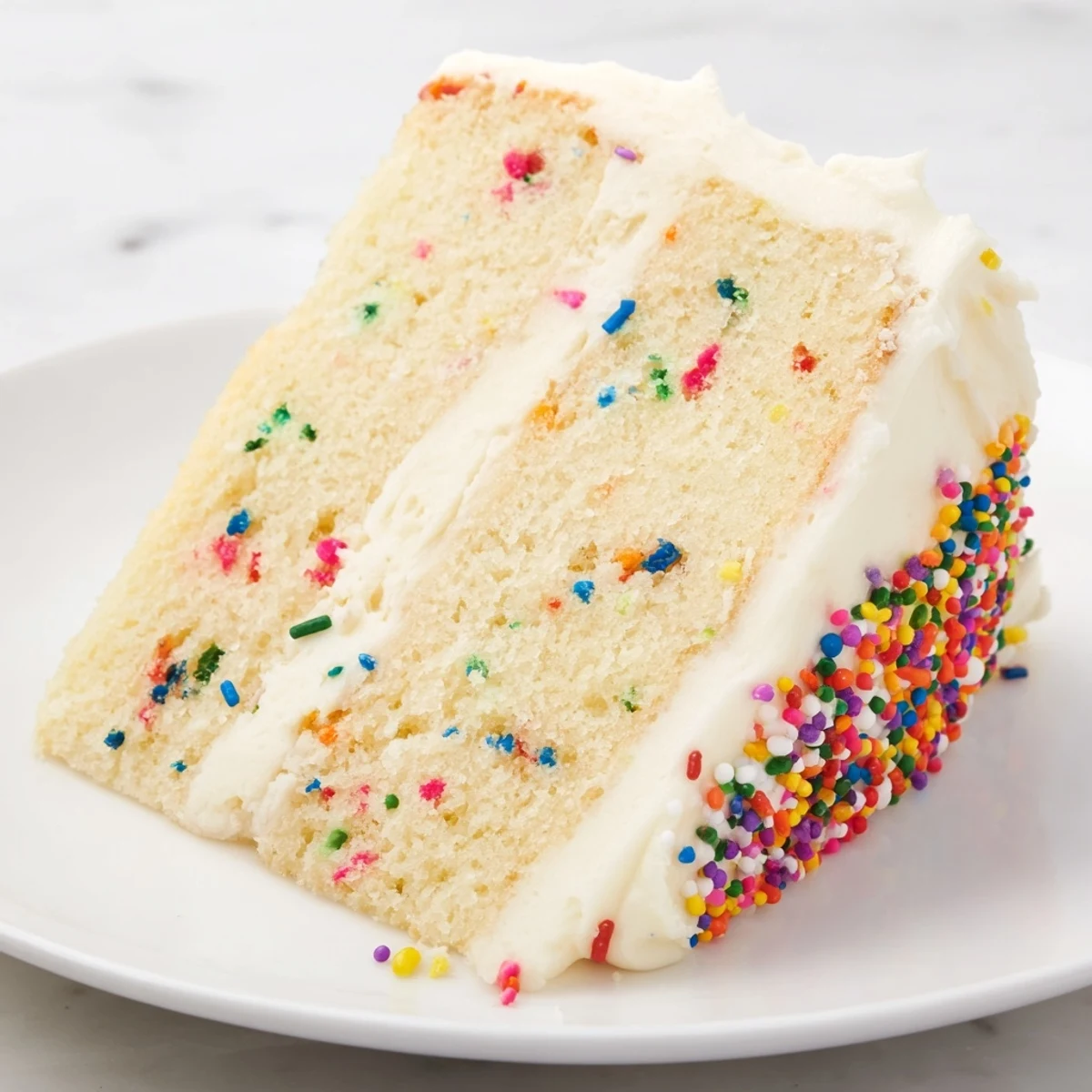Moist Happy Birthday Cake slice, frosted with creamy buttercream, tempting the sweet tooth.