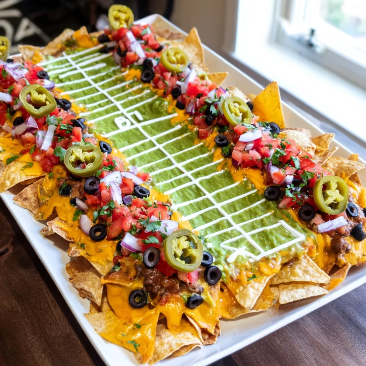 Golden, bubbly Football Field Nacho Platter topped with melted cheese, ready to serve and enjoy.