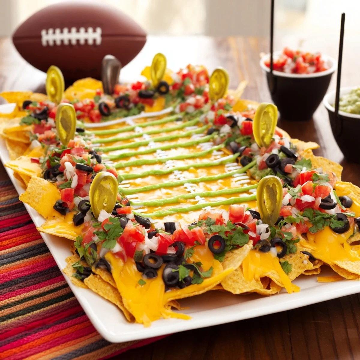 A vibrant Football Field Nacho Platter shows melted cheese and toppings, perfect for game day snacking success.