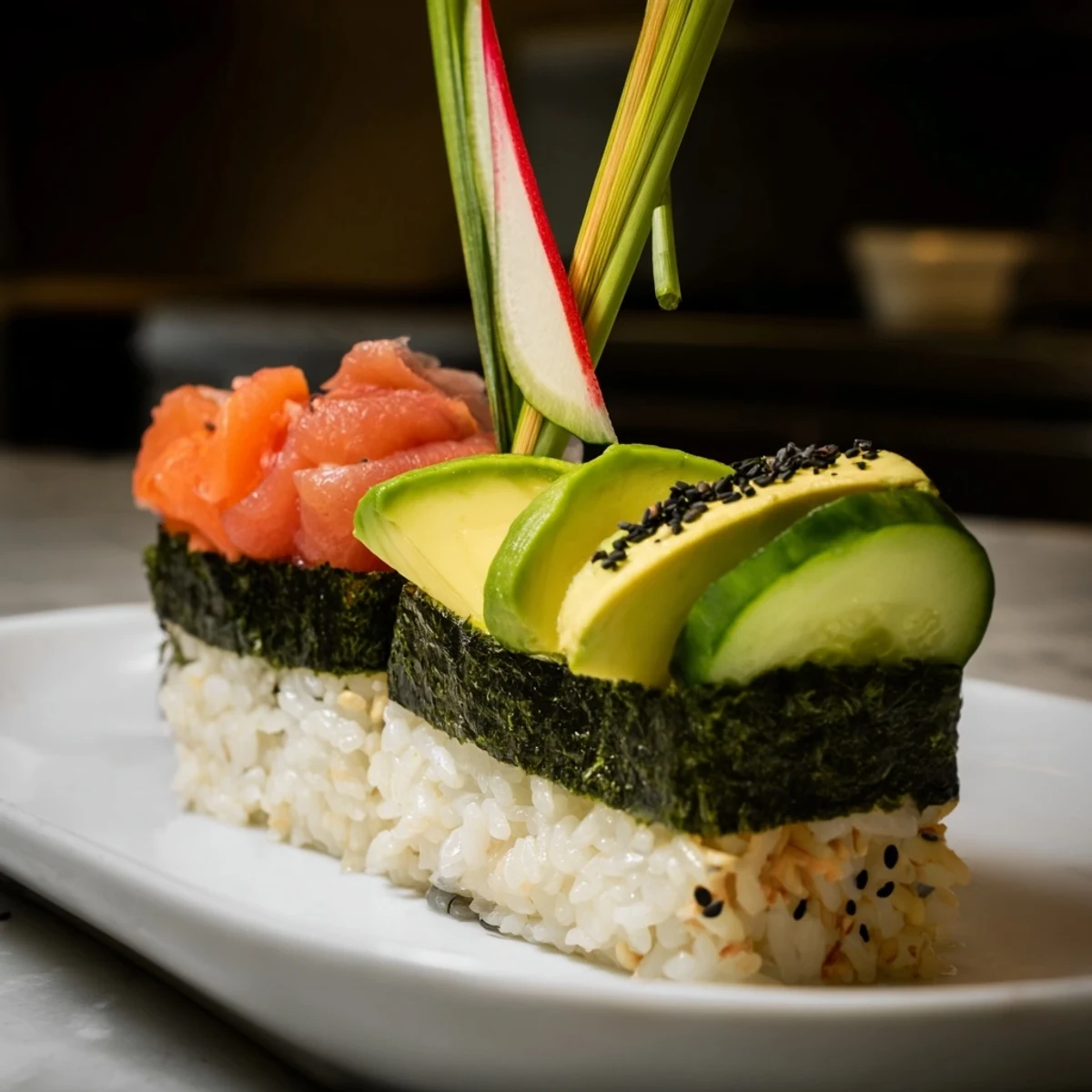 Sushi sailboats at sea, artfully arranged colorful sushi with daikon sails on a platter.