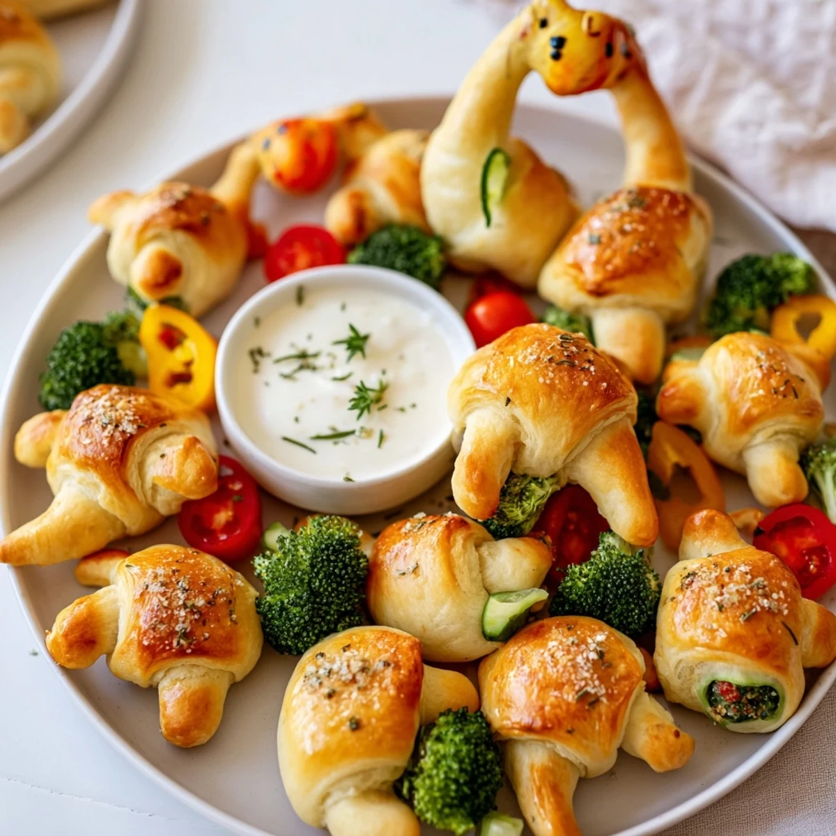 Crunchy Dinosaur Bone Prehistoric Crudités, a kid-friendly platter with vibrant, colorful fresh vegetables.