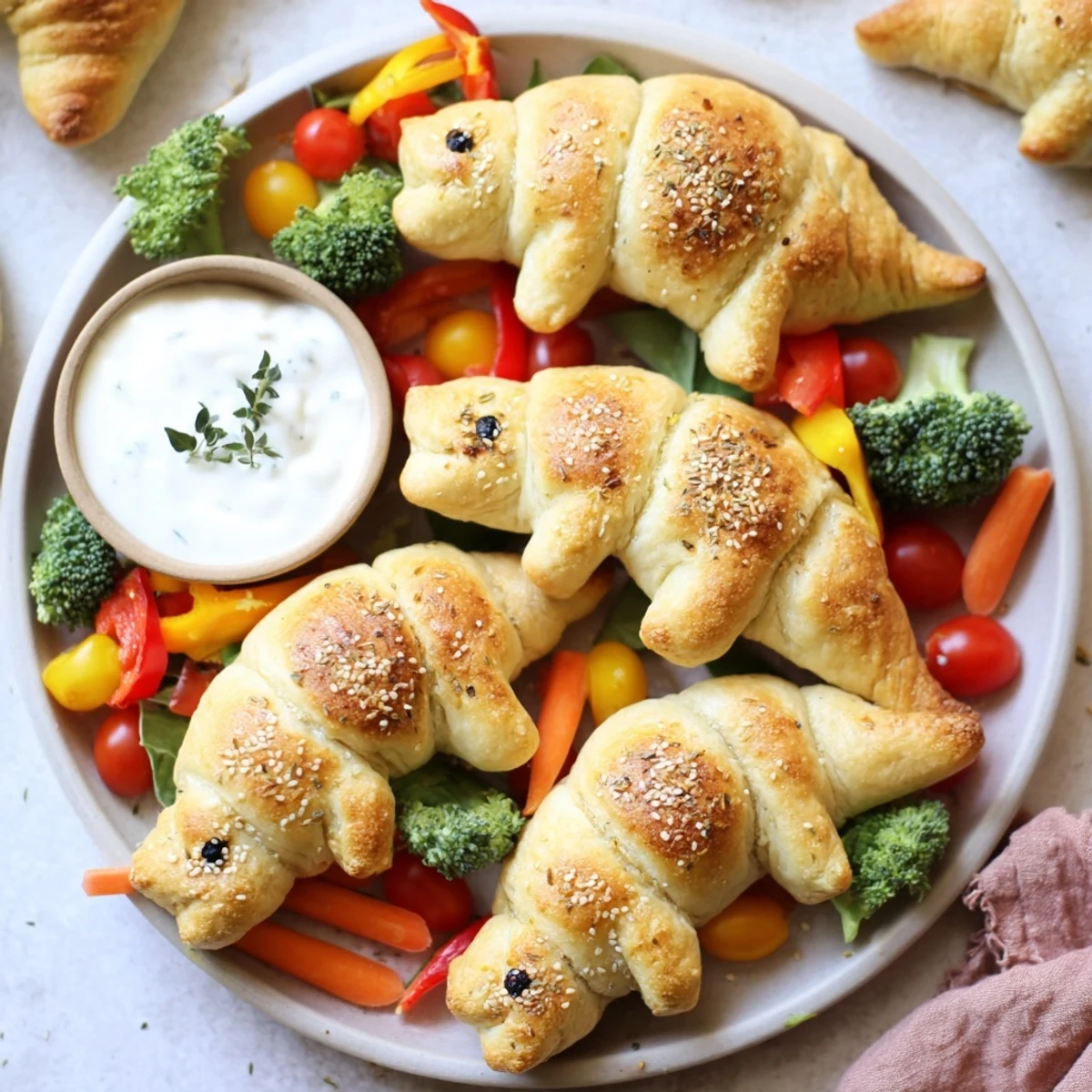 Golden baked dinosaur bone breadsticks sit near fresh, colorful crudités, offering a fun Dinosaur Bone Prehistoric Crudités appetizer.
