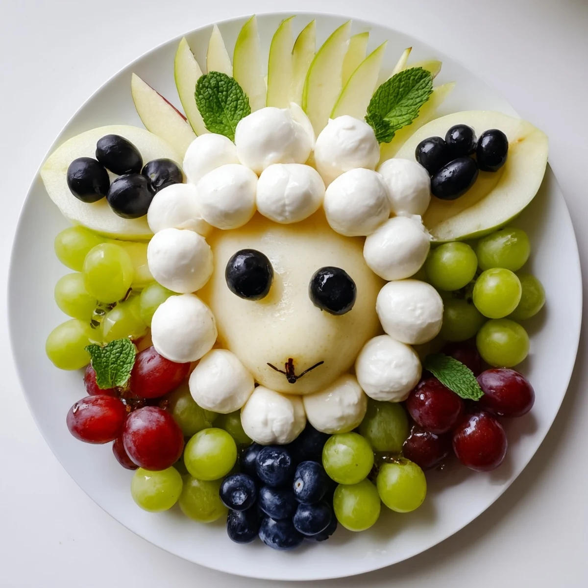 Lamb Face Fruit and Cheese Platter with red and green grapes, a fresh and festive appetizer.