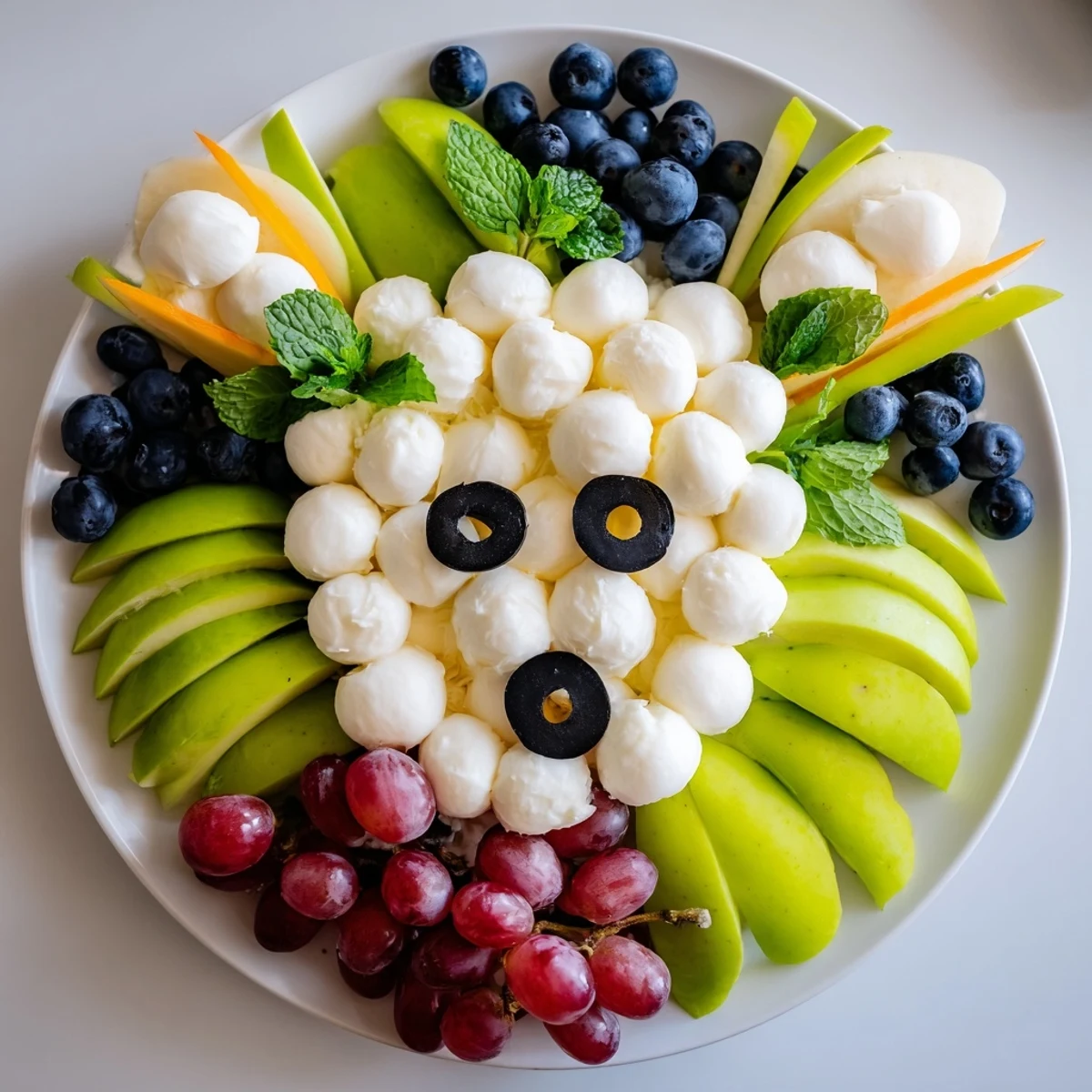 See this delightful lamb face platter, complete with grapes, blueberries, and savory cheeses for a baby shower.