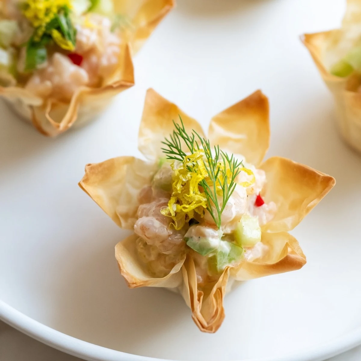 Golden, star-shaped Mini Star Cocktail Cups filled with savory shrimp salad, perfect party appetizers.