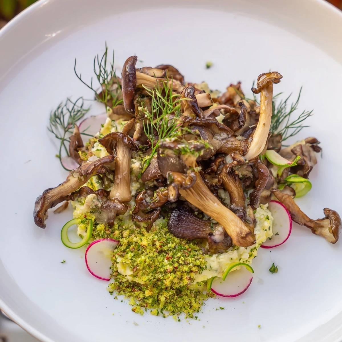 Cottagecore Mushroom and Moss Savory Platter with earthy sautéed mushrooms and creamy goat cheese arranged artfully.