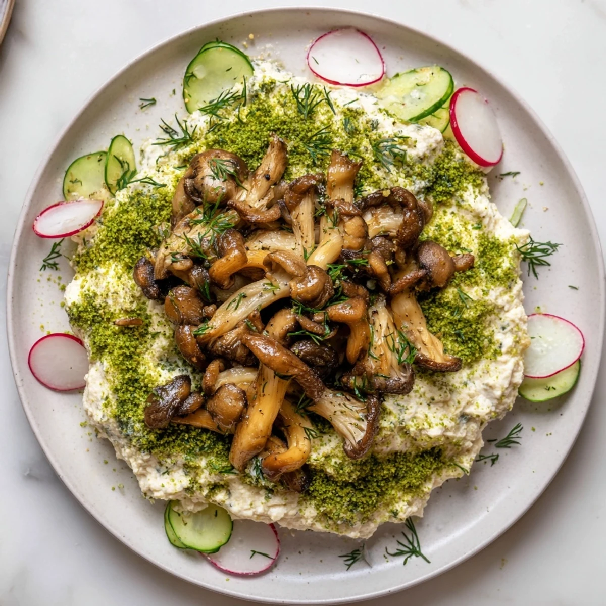 Golden sautéed mushrooms mingle with herb moss breadcrumbs on this Cottagecore Savory Platter, ready to eat.