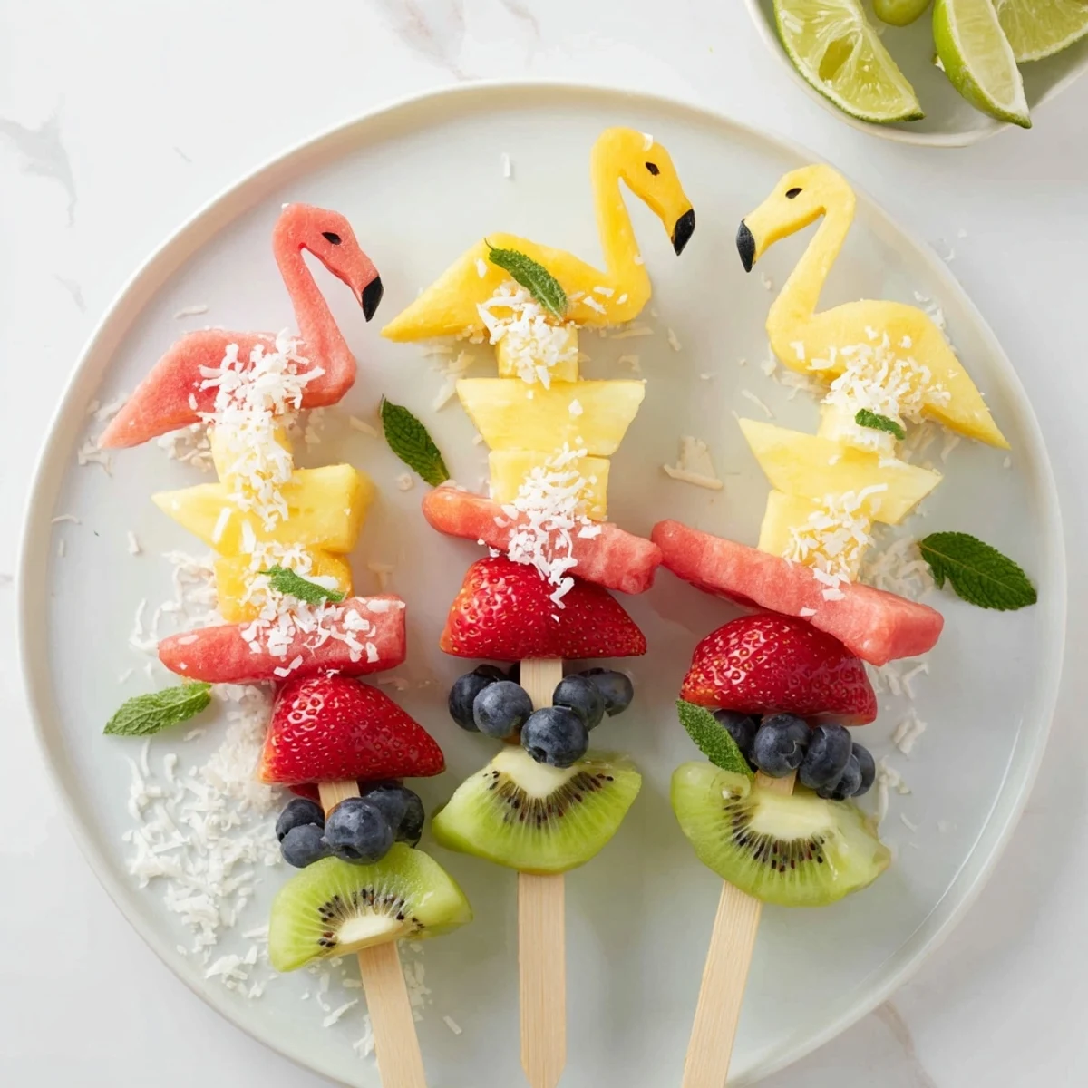 Vibrant Flamingo Fruit Skewer Platter, bursting with juicy watermelon, mango, and pineapple chunks for summer joy.