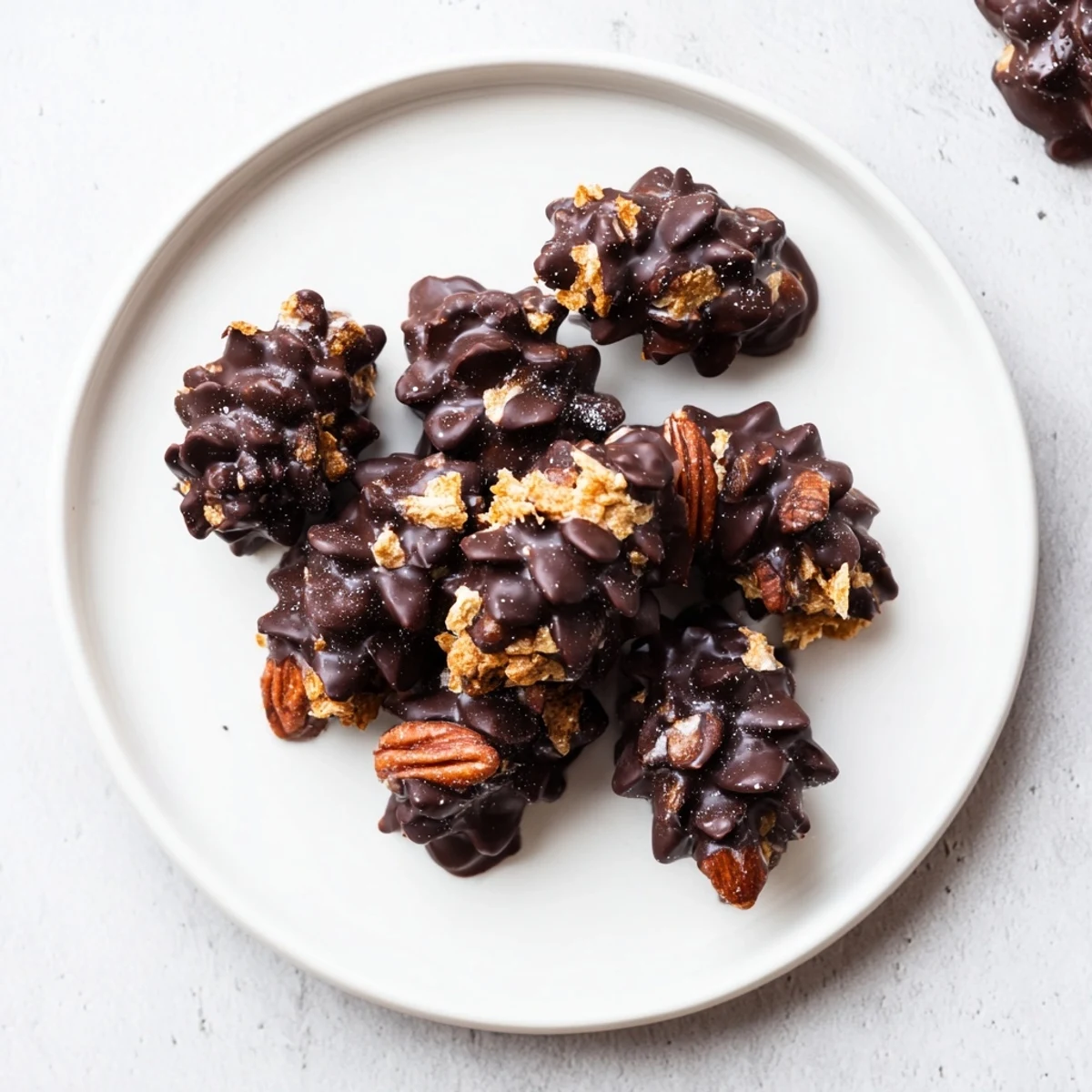 Close-up of freshly made Pinecone Chocolate Nut Clusters, shaped like detailed mini pinecones, ready to eat.