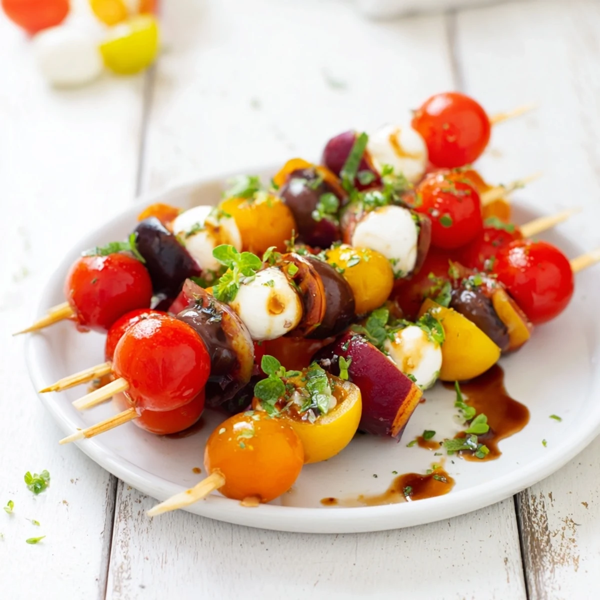 Bright red cherry tomatoes and dark olives arranged on skewers, creating Christmas Lights Olive and Tomato Skewers.