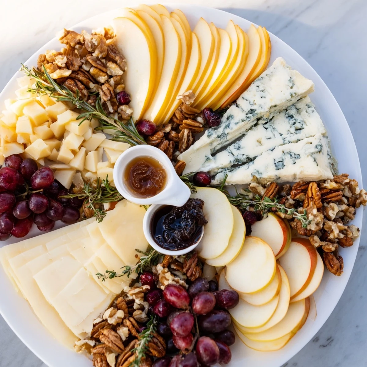 Seasonal Platter: Winter Cabin Cheese Display with creamy brie, aged cheddar, and fresh fruit is beautifully arranged.