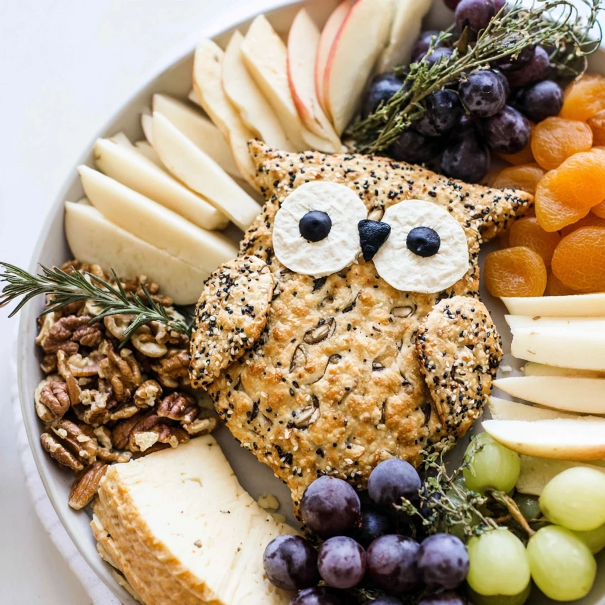 A charming Owl Cracker and Cheese Board, artfully arranged with cheeses, fruits, and nuts for snacking.