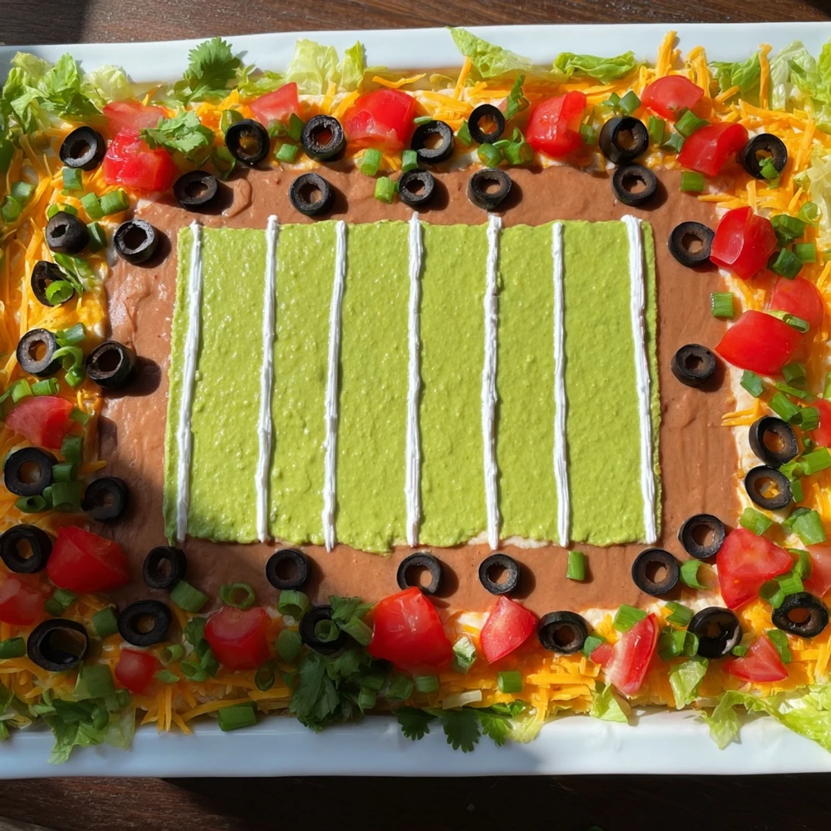 Vibrant Football Field Dip platter with fresh toppings, perfect for a game day celebration.