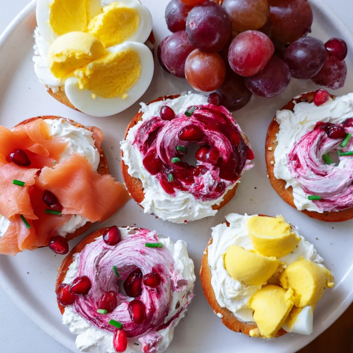 A delicious array of cranberry bagels with toppings, perfect for a festive brunch gathering.
