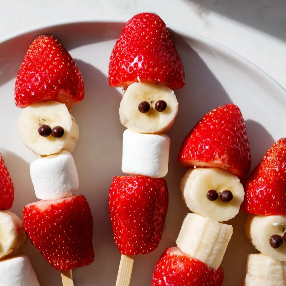 Vibrant Strawberry Banana Santa Sticks, a festive snack with fresh fruit and fluffy marshmallows arranged on skewers.