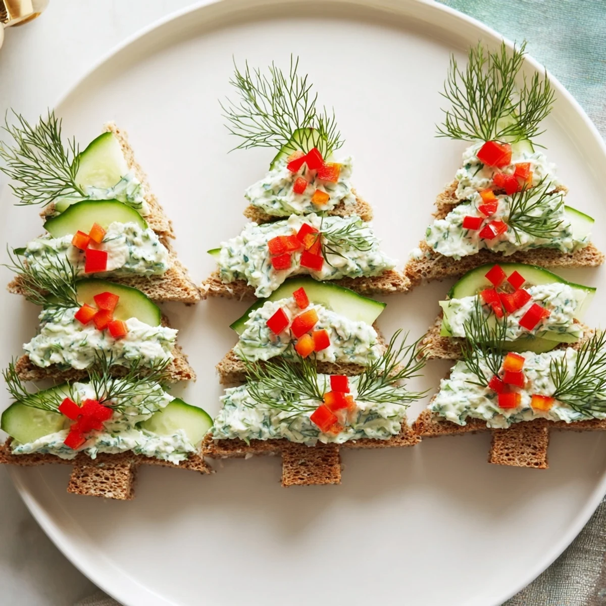 Crisp cucumber and cream cheese tree stacks are a beautiful appetizer to serve at any gathering.